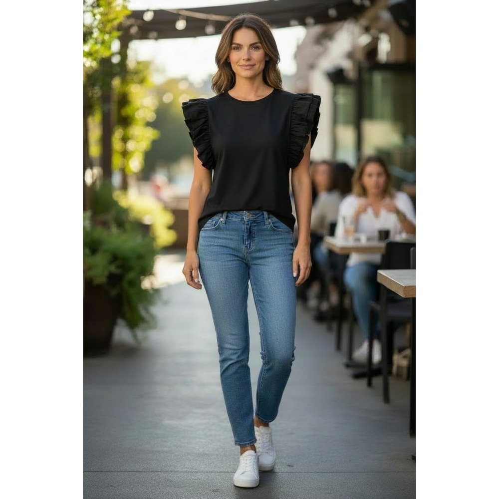 ZARA Black Ruffled Ribbed Knit Crop Top Crew Neck Tank Edgey Chic Minimalist S